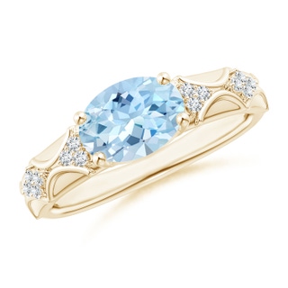 9x7mm AAA Oval Aquamarine Vintage Style Ring with Diamond Accents in Yellow Gold
