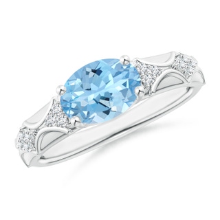 9x7mm AAAA Oval Aquamarine Vintage Style Ring with Diamond Accents in White Gold