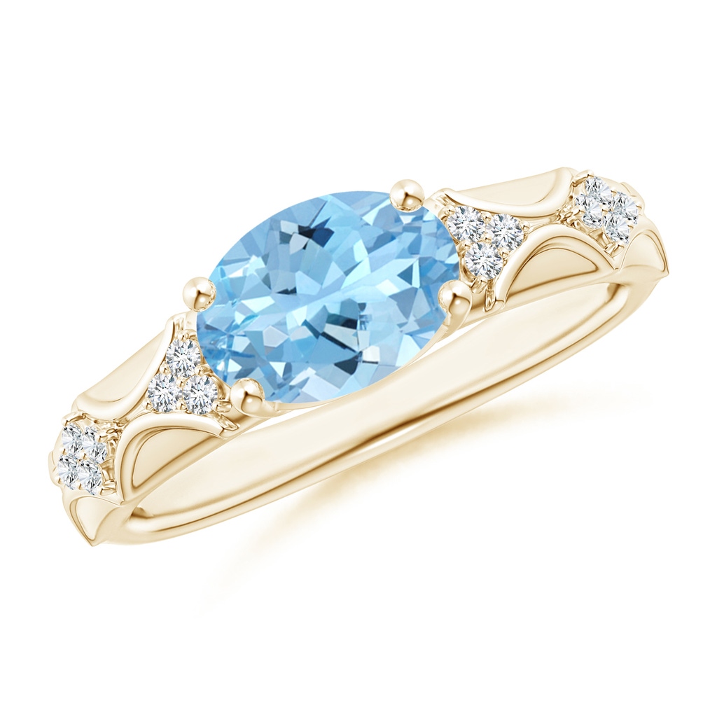 9x7mm AAAA Oval Aquamarine Vintage Style Ring with Diamond Accents in Yellow Gold
