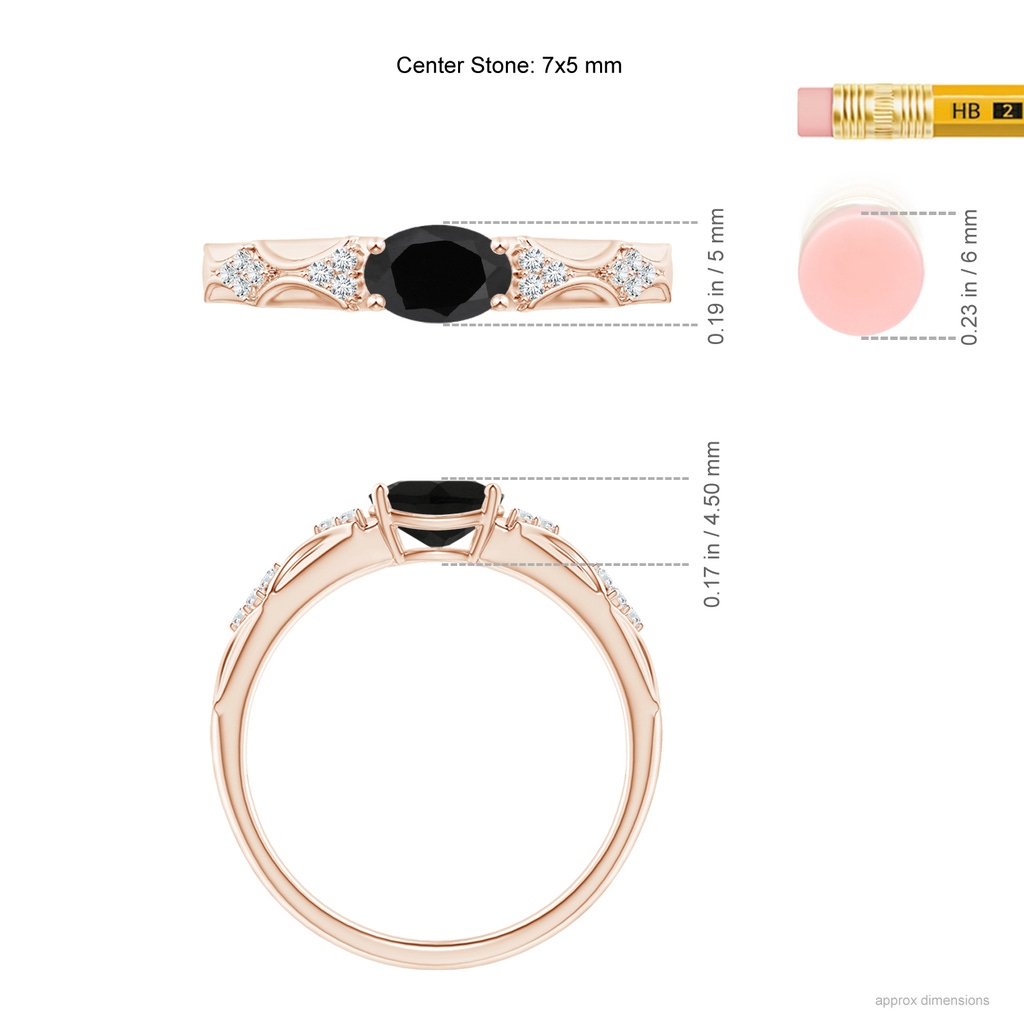 7x5mm AAA Oval Black Onyx Vintage Style Ring with Diamond Accents in Rose Gold Ruler