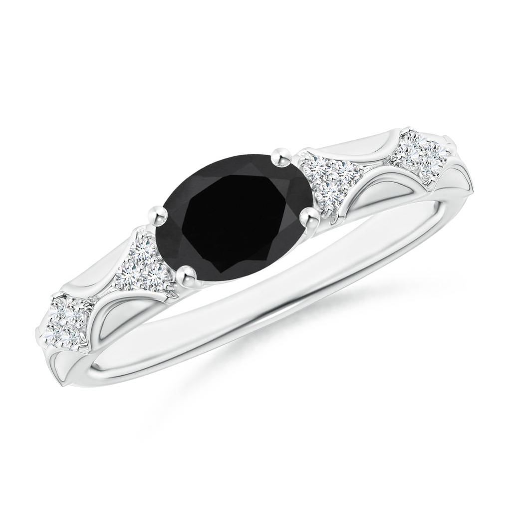 8x6mm AAA Oval Black Onyx Vintage Style Ring with Diamond Accents in White Gold