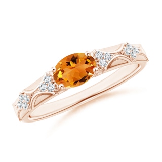 7x5mm AAA Oval Citrine Vintage Style Ring with Diamond Accents in 9K Rose Gold
