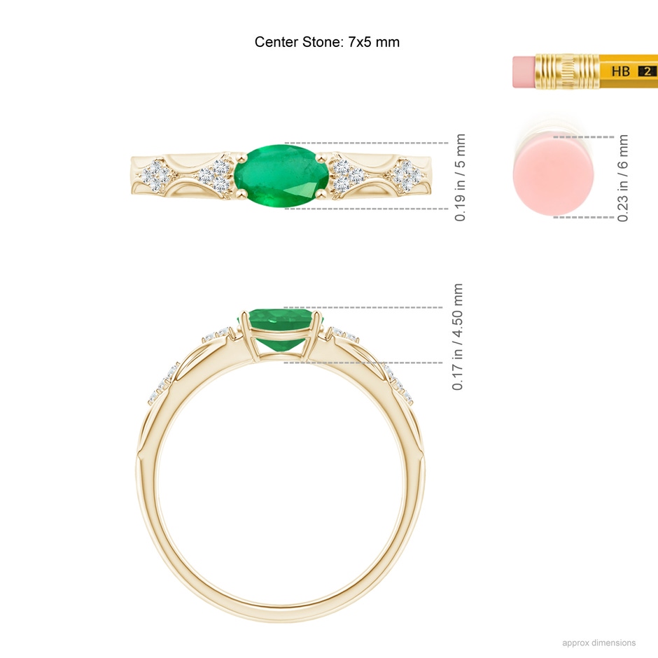 7x5mm A Oval Emerald Vintage Style Ring with Diamond Accents in Yellow Gold Ruler