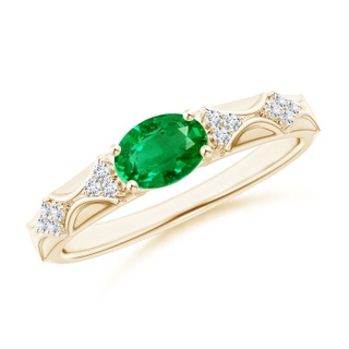 7x5mm AAA Oval Emerald Vintage Style Ring with Diamond Accents in Yellow Gold