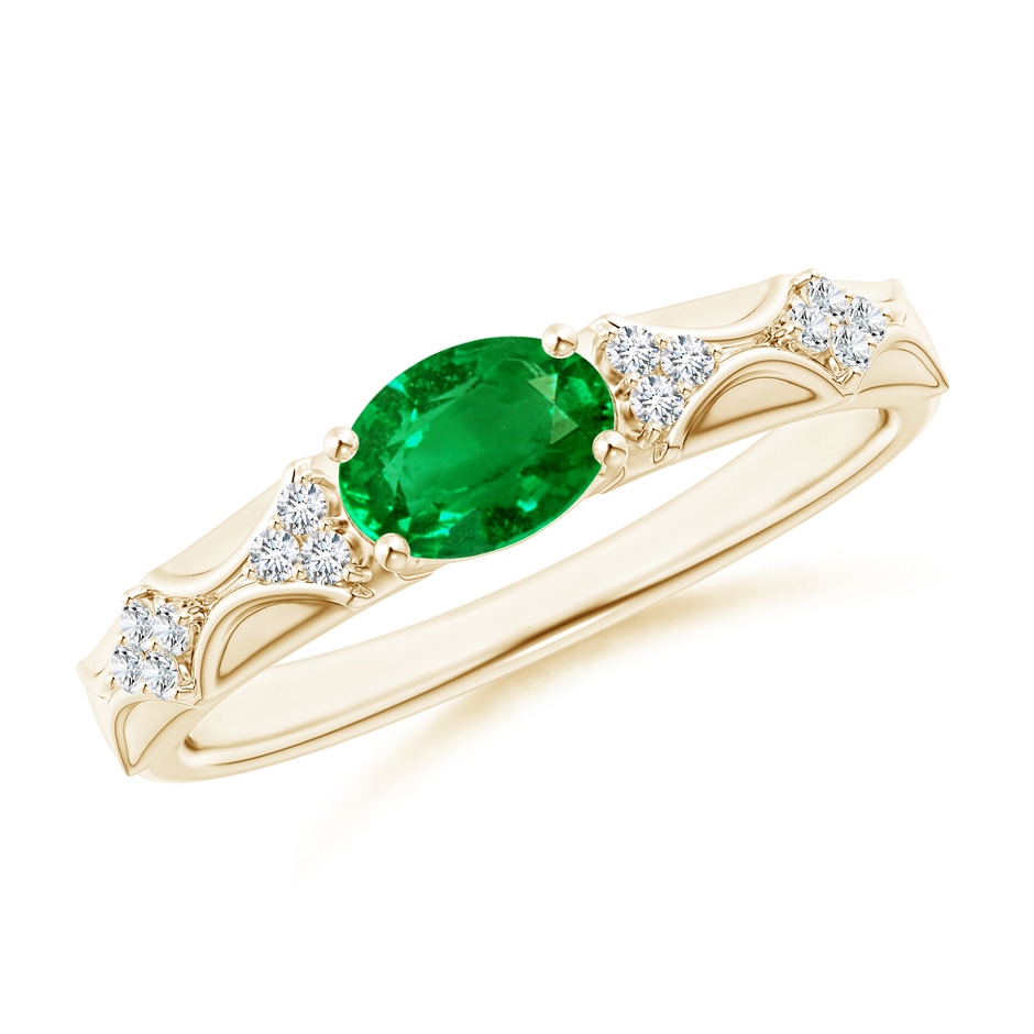 7x5mm AAAA Oval Emerald Vintage Style Ring with Diamond Accents in Yellow Gold 