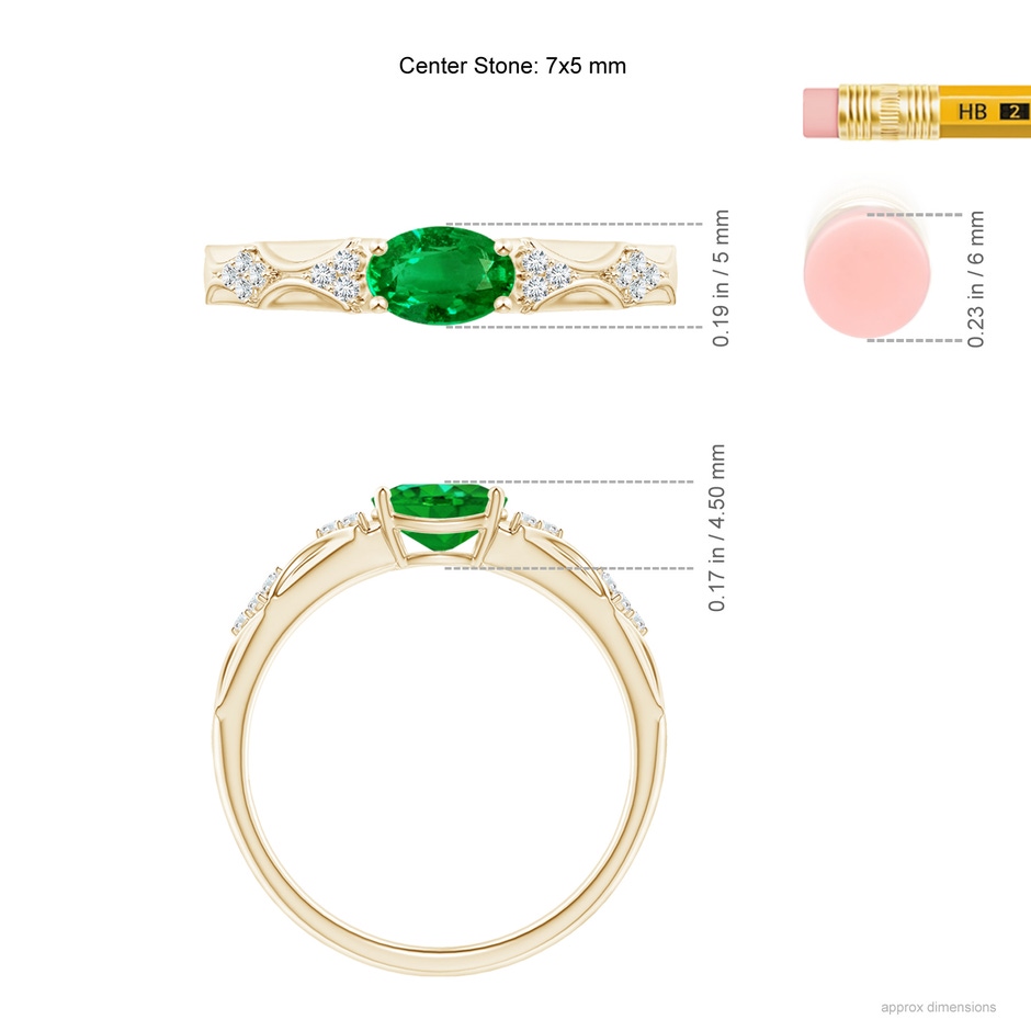 7x5mm AAAA Oval Emerald Vintage Style Ring with Diamond Accents in Yellow Gold ruler