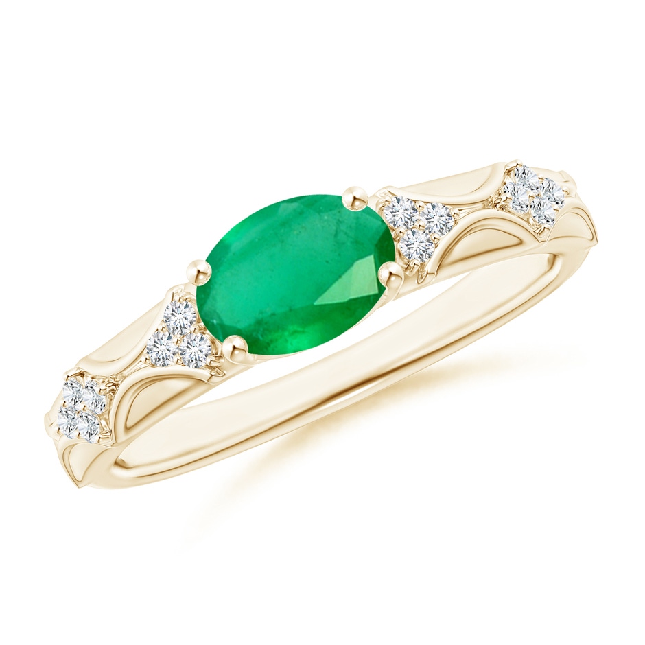 8x6mm A Oval Emerald Vintage Style Ring with Diamond Accents in Yellow Gold 