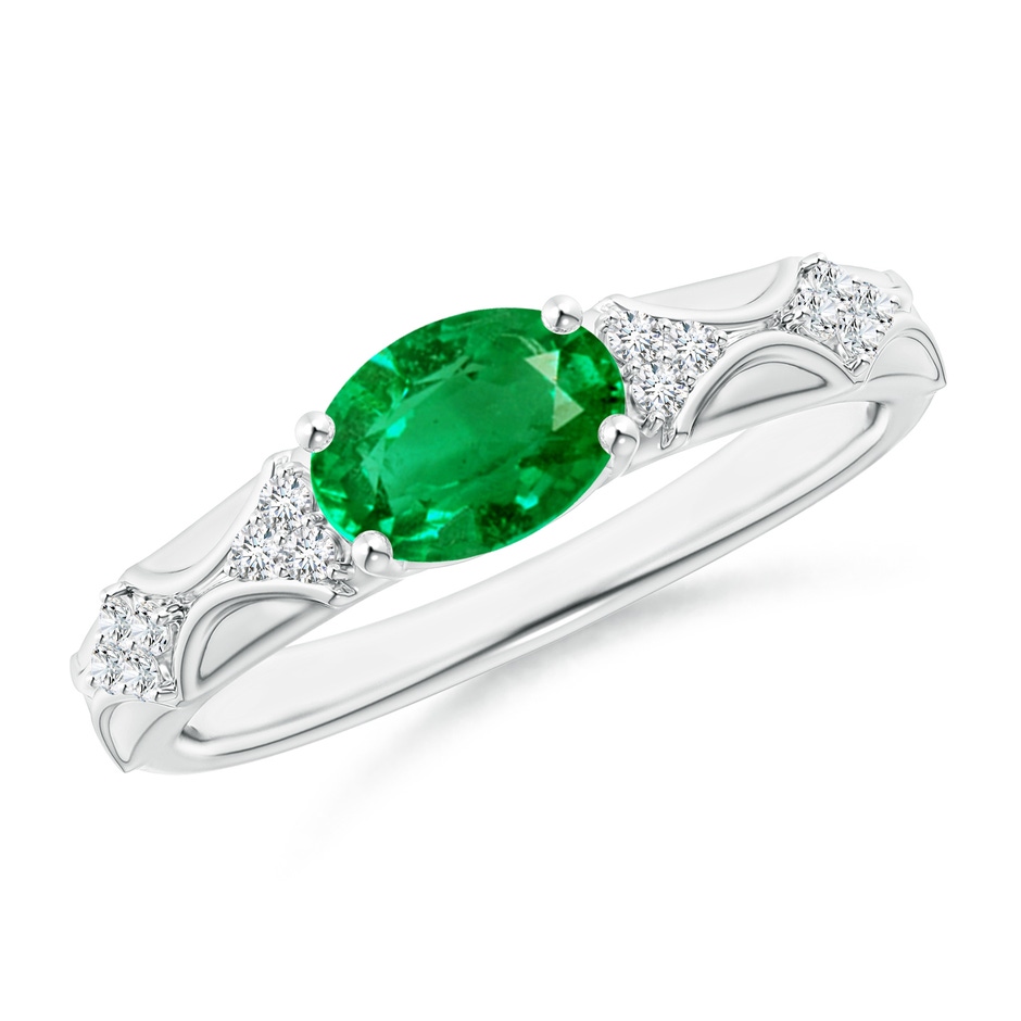 8x6mm AAA Oval Emerald Vintage Style Ring with Diamond Accents in White Gold 