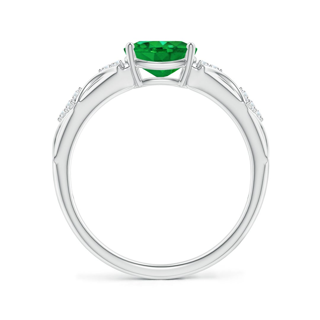 8x6mm AAA Oval Emerald Vintage Style Ring with Diamond Accents in White Gold - side 2