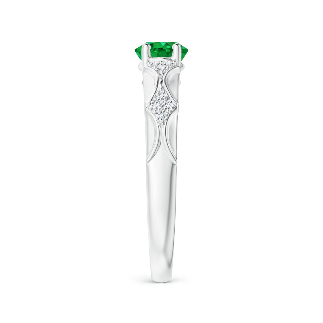8x6mm AAA Oval Emerald Vintage Style Ring with Diamond Accents in White Gold - side 3