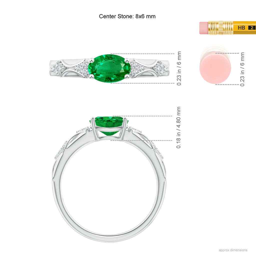 8x6mm AAA Oval Emerald Vintage Style Ring with Diamond Accents in White Gold Ruler