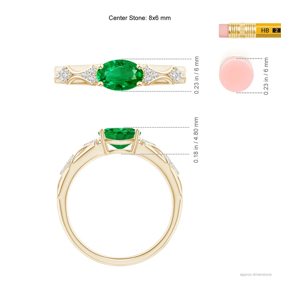 8x6mm AAA Oval Emerald Vintage Style Ring with Diamond Accents in Yellow Gold ruler
