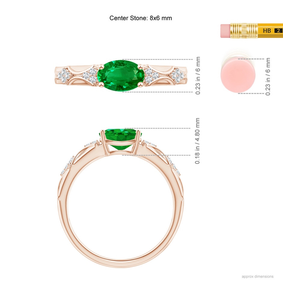 8x6mm Lab-Grown Oval Emerald Vintage Style Ring with Diamond Accents in Rose Gold ruler