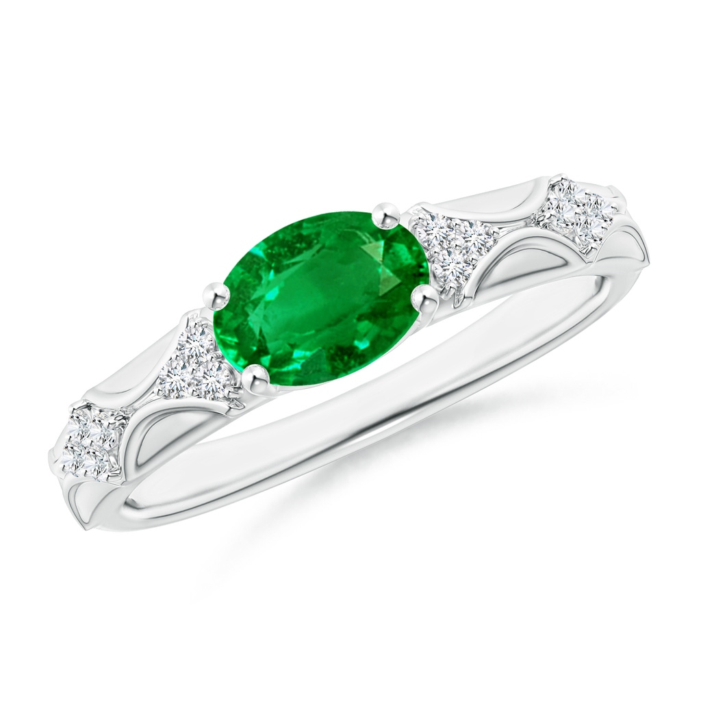 8x6mm AAAA Oval Emerald Vintage Style Ring with Diamond Accents in White Gold