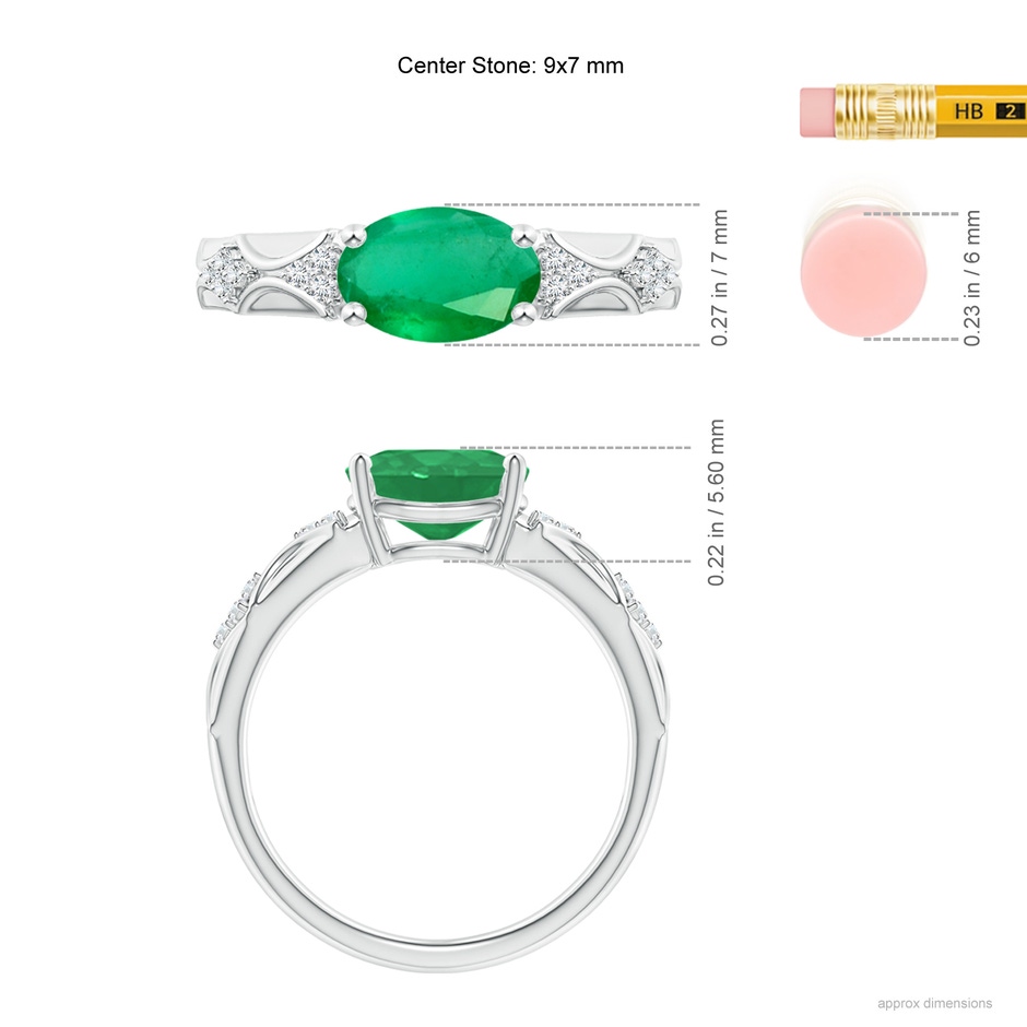 9x7mm A Oval Emerald Vintage Style Ring with Diamond Accents in White Gold ruler