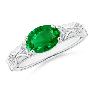 9x7mm AAAA Oval Emerald Vintage Style Ring with Diamond Accents in P950 Platinum