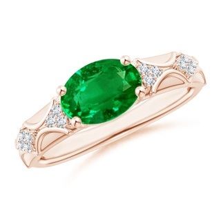 9x7mm AAAA Oval Emerald Vintage Style Ring with Diamond Accents in Rose Gold