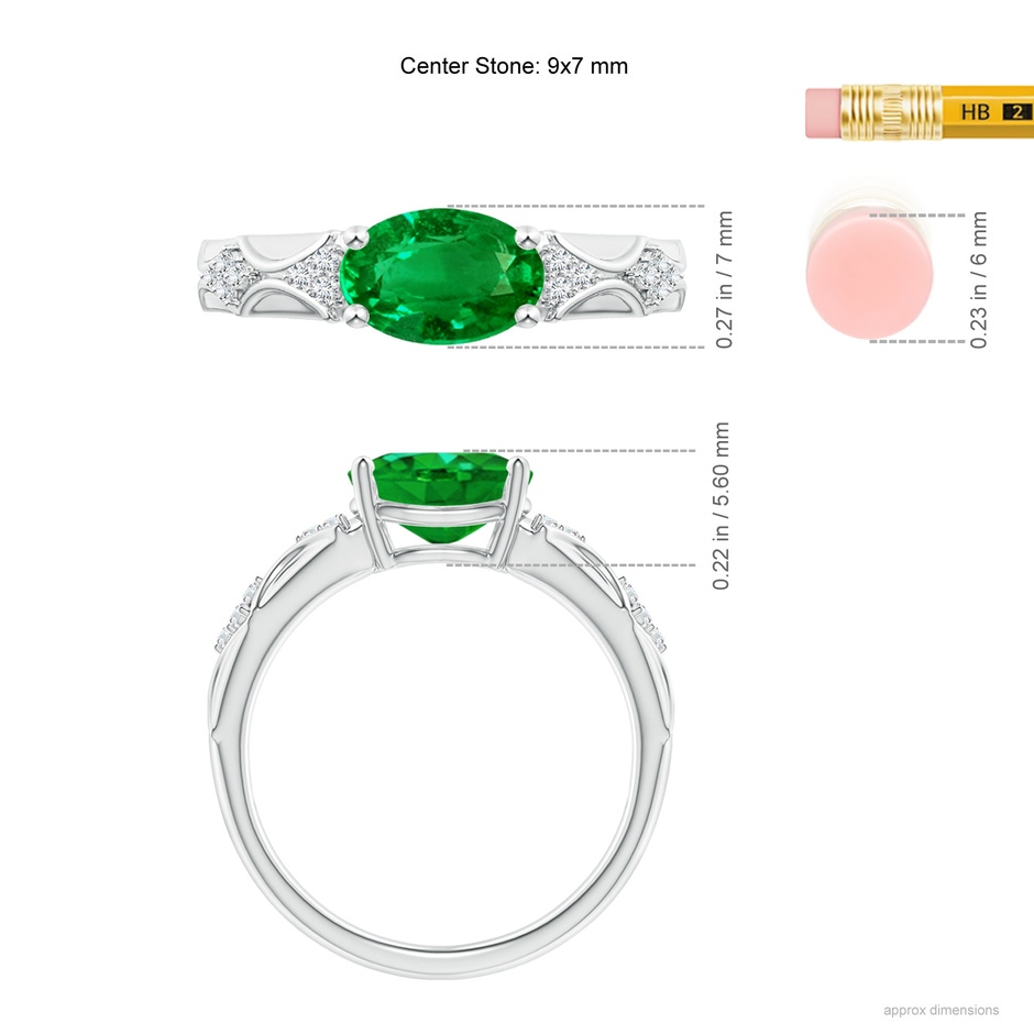 9x7mm AAAA Oval Emerald Vintage Style Ring with Diamond Accents in White Gold ruler