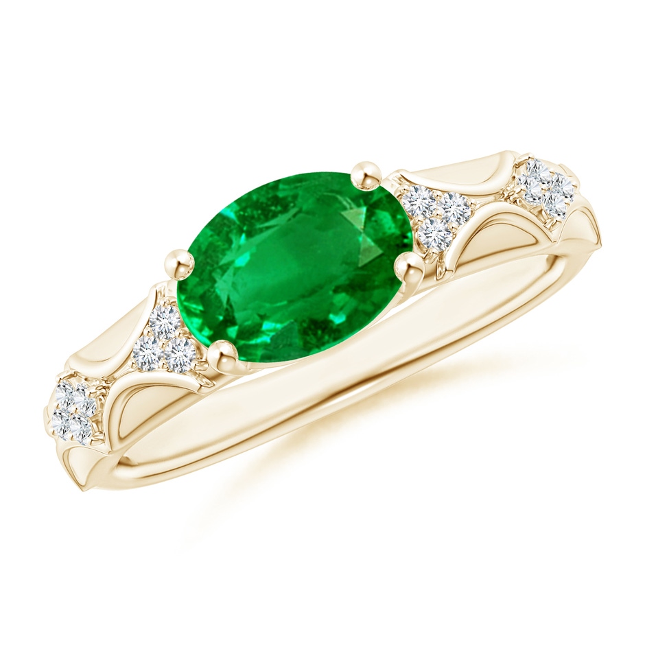9x7mm Lab-Grown Oval Emerald Vintage Style Ring with Diamond Accents in Yellow Gold 