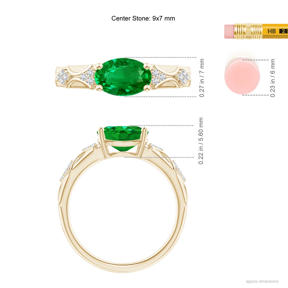 9x7mm Lab-Grown Oval Emerald Vintage Style Ring with Diamond Accents in Yellow Gold ruler