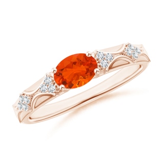 7x5mm AAA Oval Fire Opal Vintage Style Ring with Diamond Accents in Rose Gold