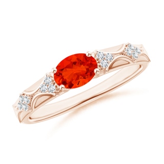 7x5mm AAAA Oval Fire Opal Vintage Style Ring with Diamond Accents in 9K Rose Gold