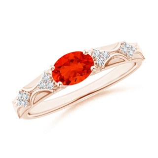 7x5mm AAAA Oval Fire Opal Vintage Style Ring with Diamond Accents in Rose Gold