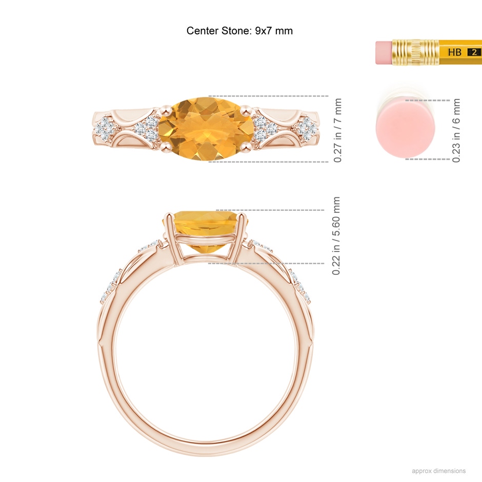 9x7mm A Oval Fire Opal Vintage Style Ring with Diamond Accents in Rose Gold ruler