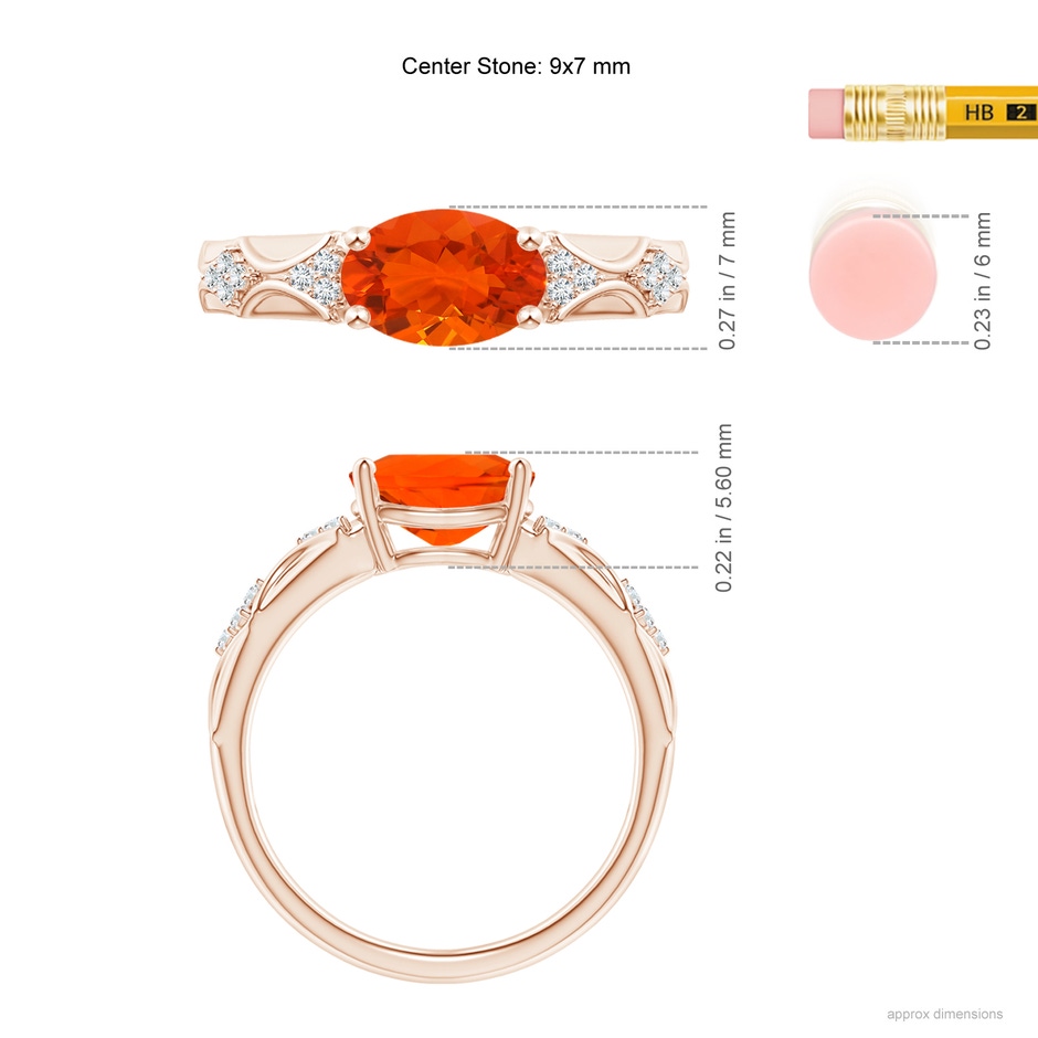 9x7mm AAA Oval Fire Opal Vintage Style Ring with Diamond Accents in Rose Gold ruler
