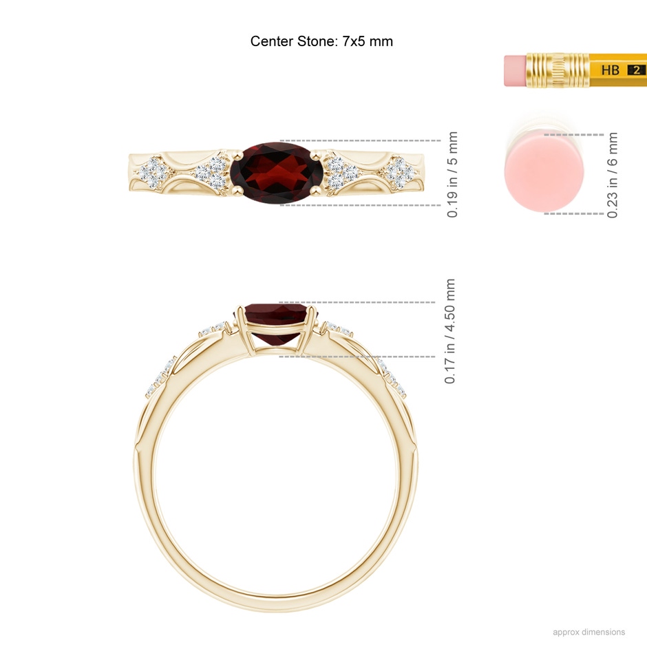 7x5mm AA Oval Garnet Vintage Style Ring with Diamond Accents in Yellow Gold ruler