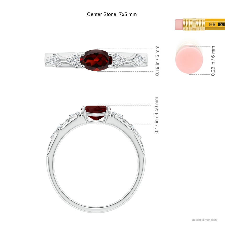 7x5mm AAA Oval Garnet Vintage Style Ring with Diamond Accents in White Gold ruler