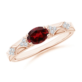 7x5mm AAAA Oval Garnet Vintage Style Ring with Diamond Accents in Rose Gold