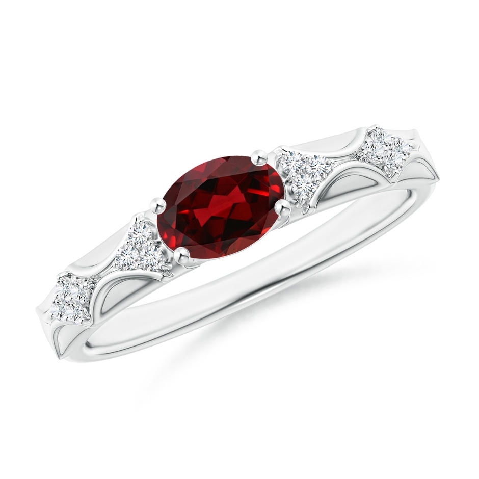 7x5mm AAAA Oval Garnet Vintage Style Ring with Diamond Accents in White Gold 
