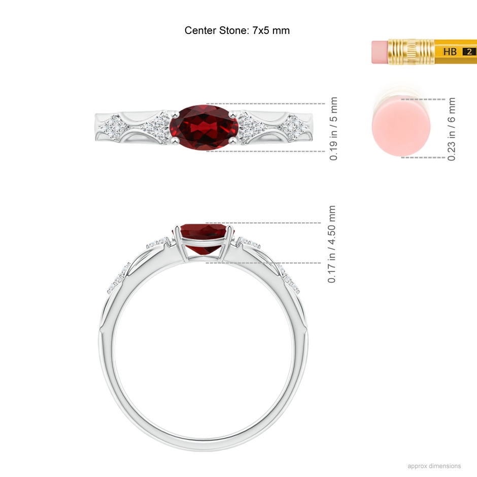 7x5mm AAAA Oval Garnet Vintage Style Ring with Diamond Accents in White Gold ruler