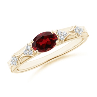 7x5mm AAAA Oval Garnet Vintage Style Ring with Diamond Accents in Yellow Gold