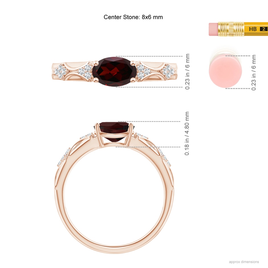 8x6mm A Oval Garnet Vintage Style Ring with Diamond Accents in Rose Gold ruler