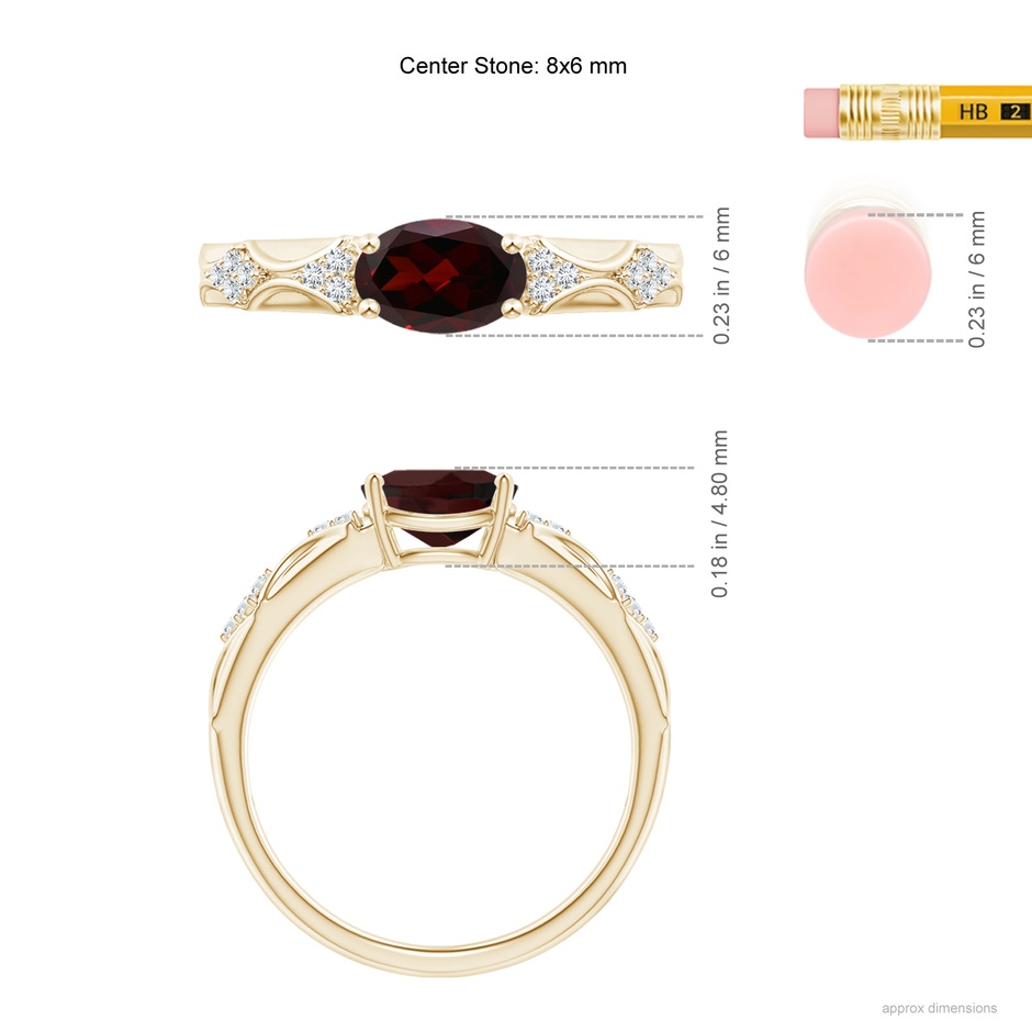 8x6mm A Oval Garnet Vintage Style Ring with Diamond Accents in Yellow Gold ruler