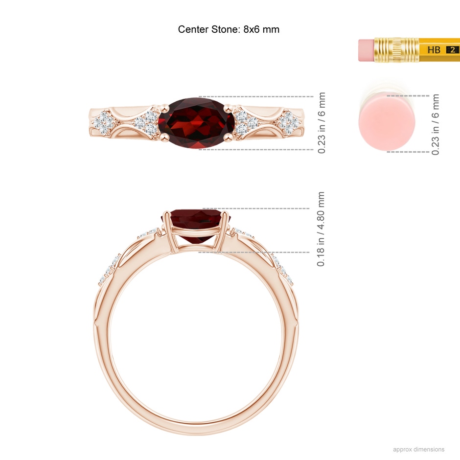 8x6mm AAA Oval Garnet Vintage Style Ring with Diamond Accents in Rose Gold ruler