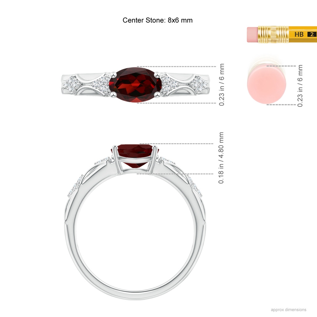 8x6mm AAA Oval Garnet Vintage Style Ring with Diamond Accents in White Gold Ruler