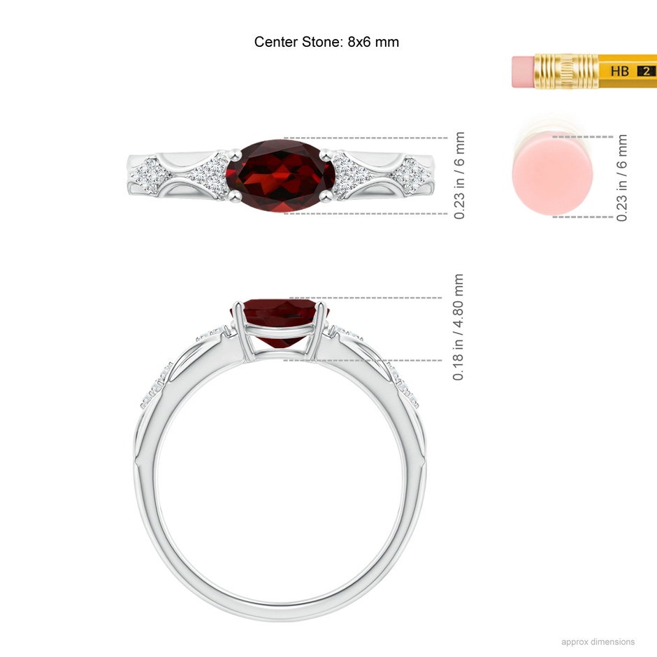 8x6mm AAA Oval Garnet Vintage Style Ring with Diamond Accents in White Gold ruler