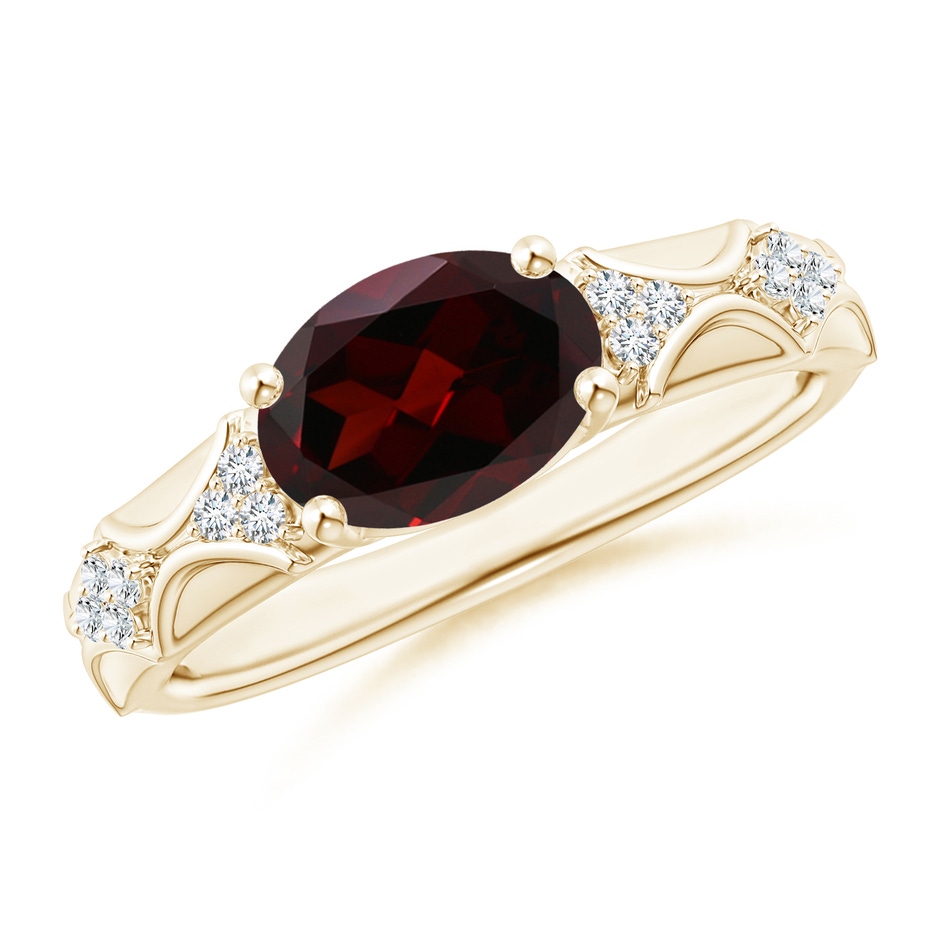 9x7mm A Oval Garnet Vintage Style Ring with Diamond Accents in Yellow Gold 