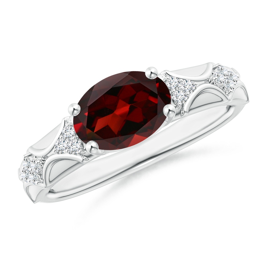 9x7mm AAA Oval Garnet Vintage Style Ring with Diamond Accents in White Gold 