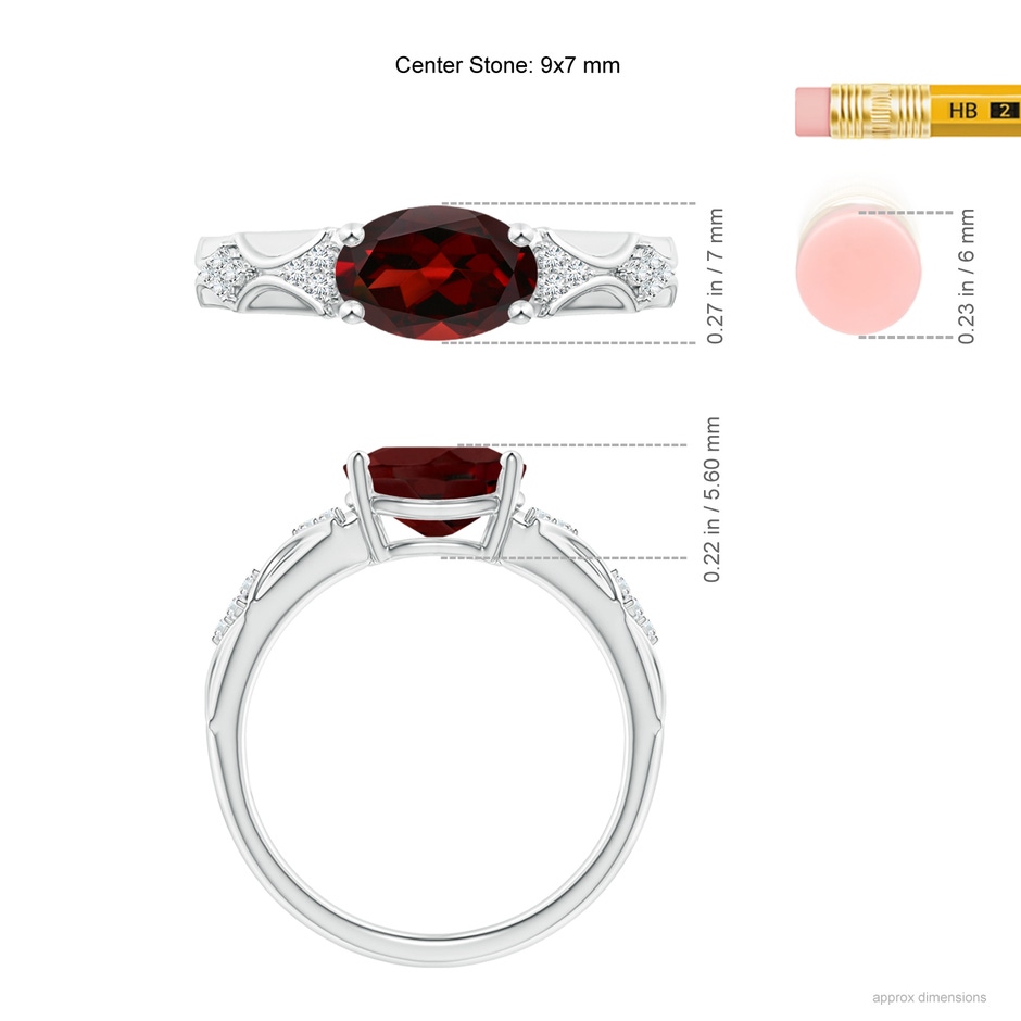 9x7mm AAA Oval Garnet Vintage Style Ring with Diamond Accents in White Gold ruler
