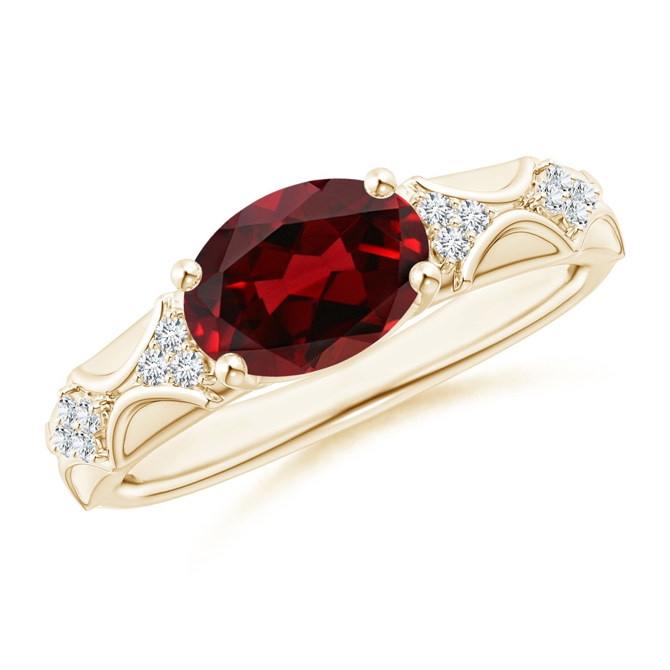 9x7mm AAAA Oval Garnet Vintage Style Ring with Diamond Accents in Yellow Gold 