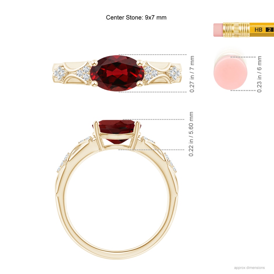 9x7mm AAAA Oval Garnet Vintage Style Ring with Diamond Accents in Yellow Gold ruler