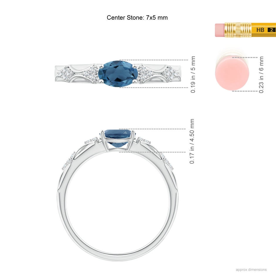 7x5mm A Oval London Blue Topaz Vintage Style Ring with Diamond Accents in White Gold ruler
