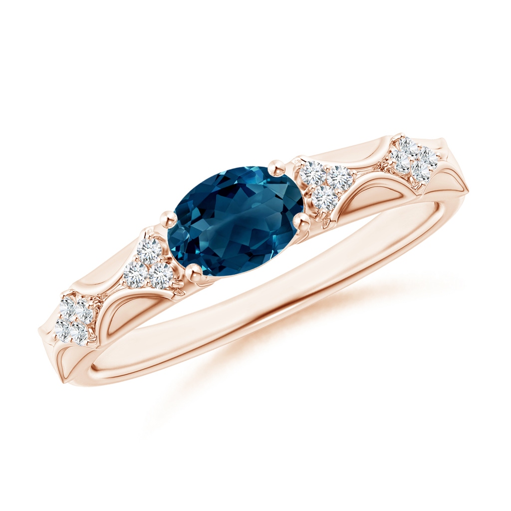 7x5mm AAAA Oval London Blue Topaz Vintage Style Ring with Diamond Accents in Rose Gold