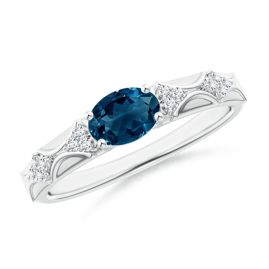 7x5mm AAAA Oval London Blue Topaz Vintage Style Ring with Diamond Accents in White Gold 