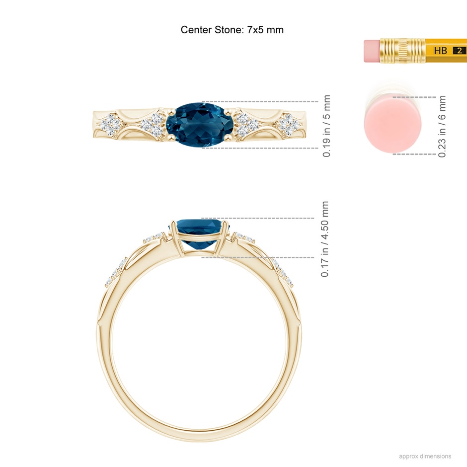 7x5mm AAAA Oval London Blue Topaz Vintage Style Ring with Diamond Accents in Yellow Gold ruler