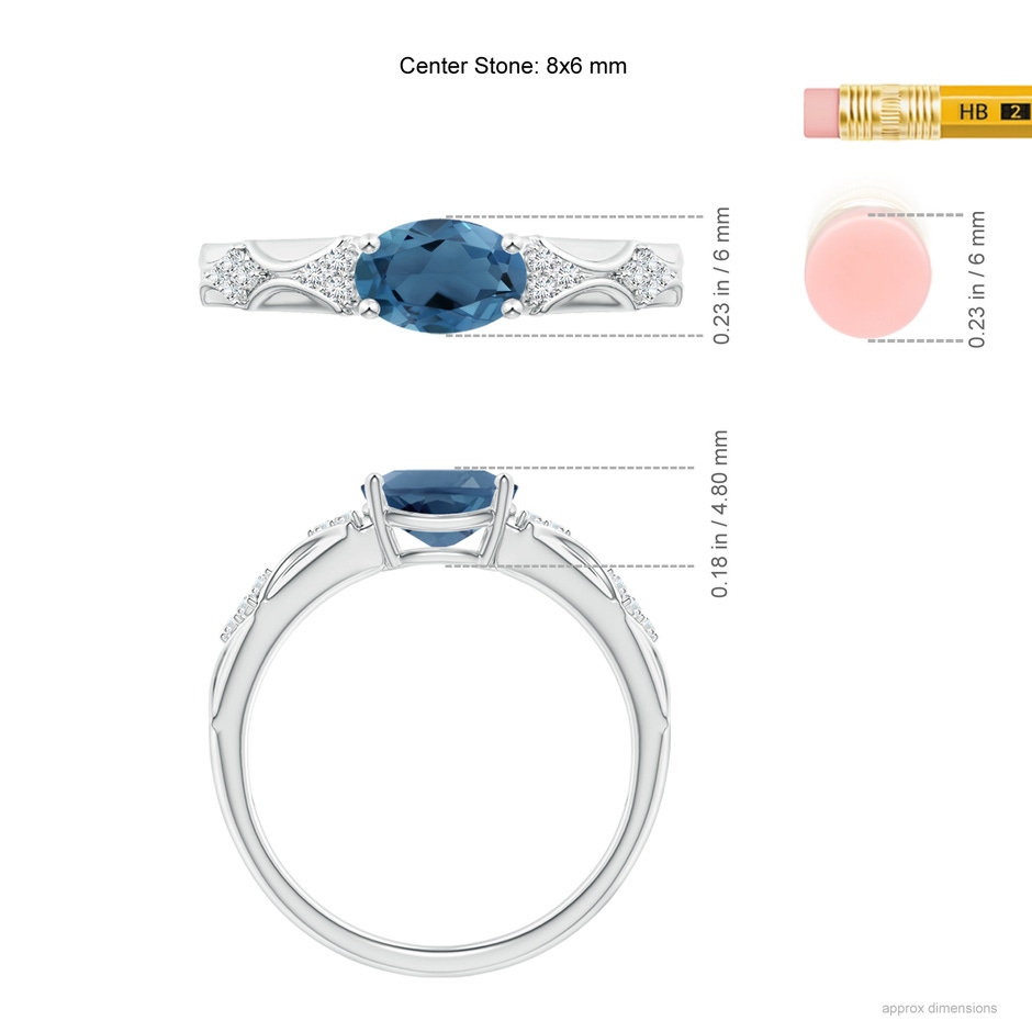 8x6mm A Oval London Blue Topaz Vintage Style Ring with Diamond Accents in White Gold ruler